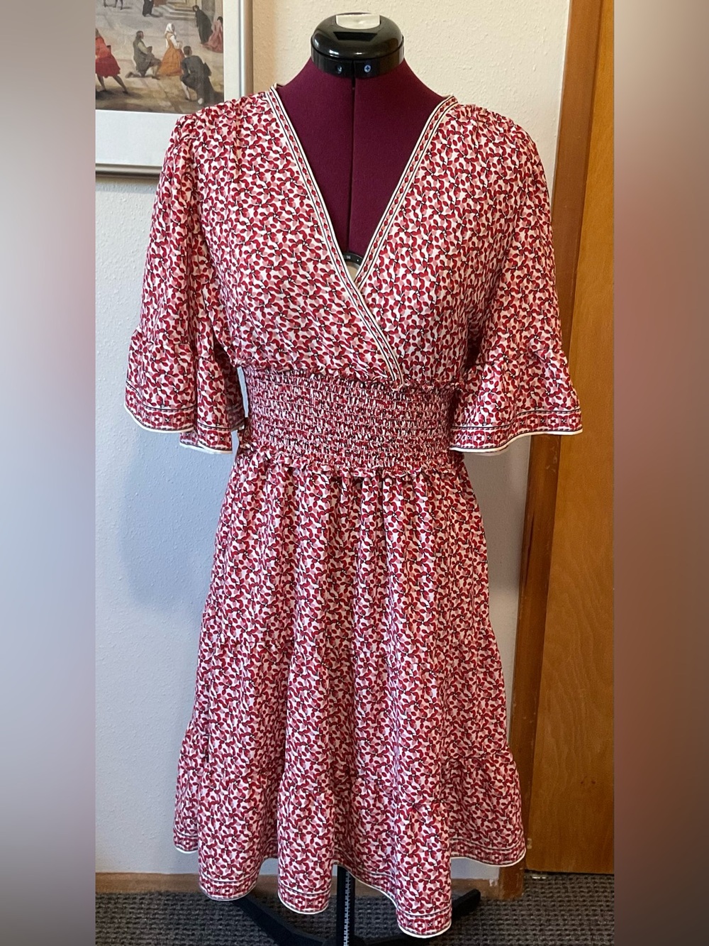 Red Floral Smocked Waist Flutter Sleeve Dress